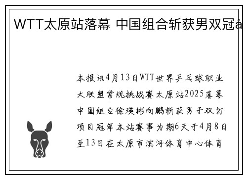 WTT太原站落幕 中国组合斩获男双冠军